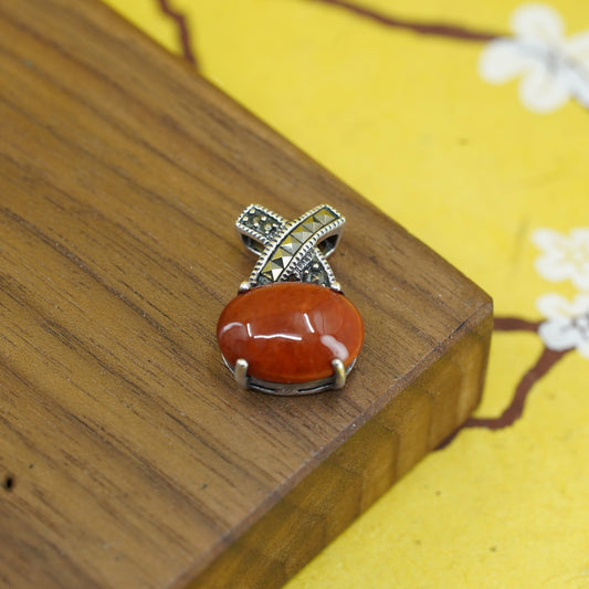 Vintage Sterling 925 silver handmade pendant with jasper and marcasite