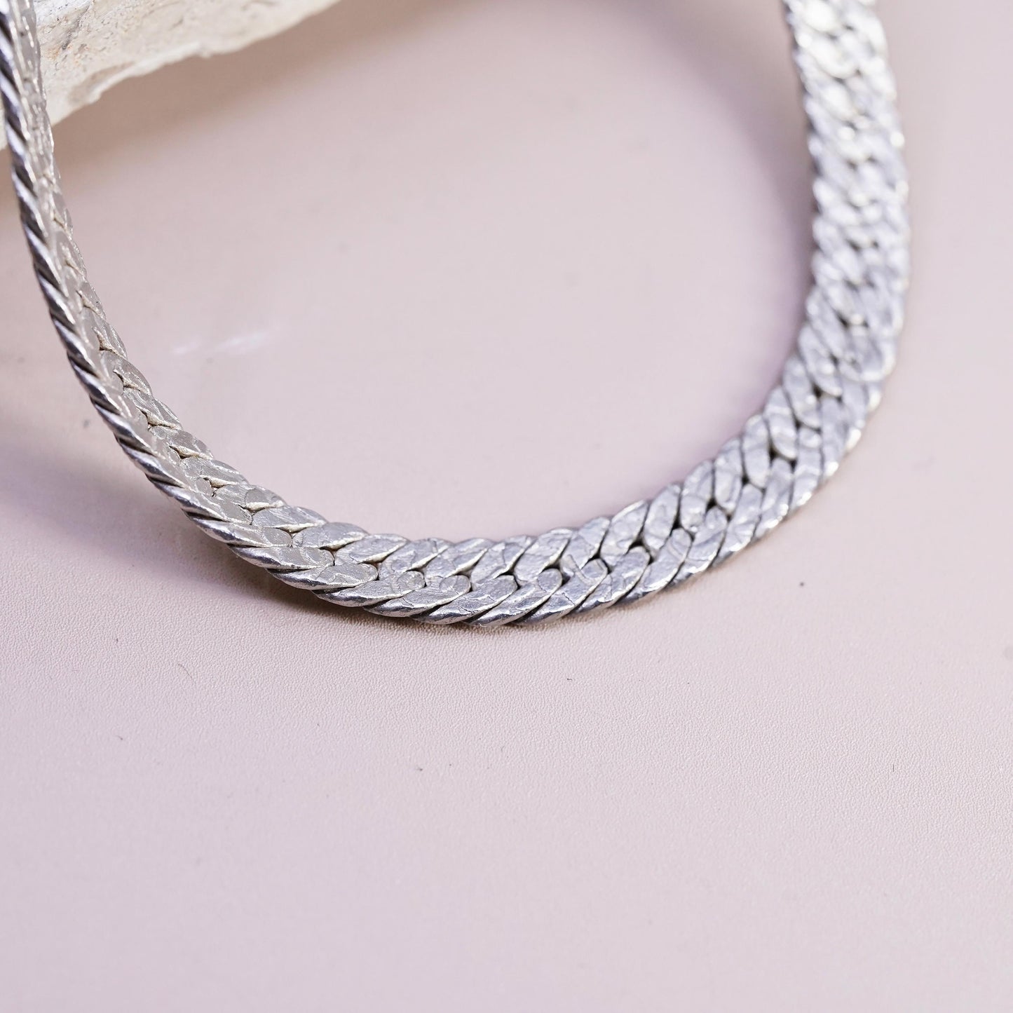 24", vintage Sterling silver handmade necklace, flatten textured 925 curb chain