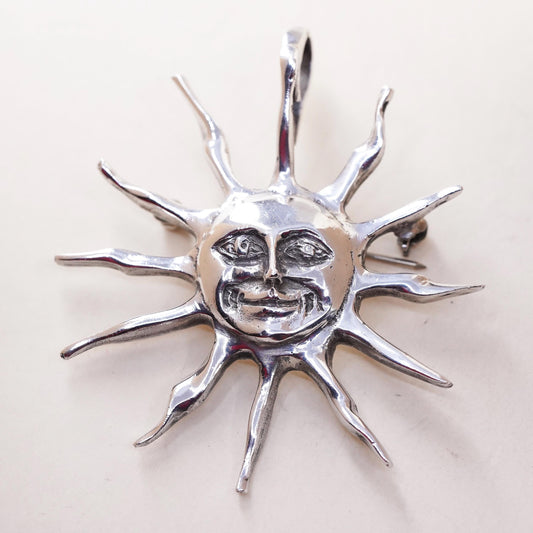 Vintage Mexican Sterling silver handmade sun face pendant, 925 brooch