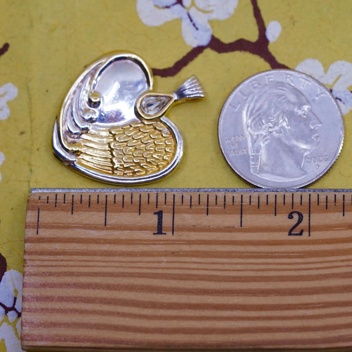VTG BGE 18K Gold & 925 sterling Silver Heart Pendant angel’s wing teardrop cz
