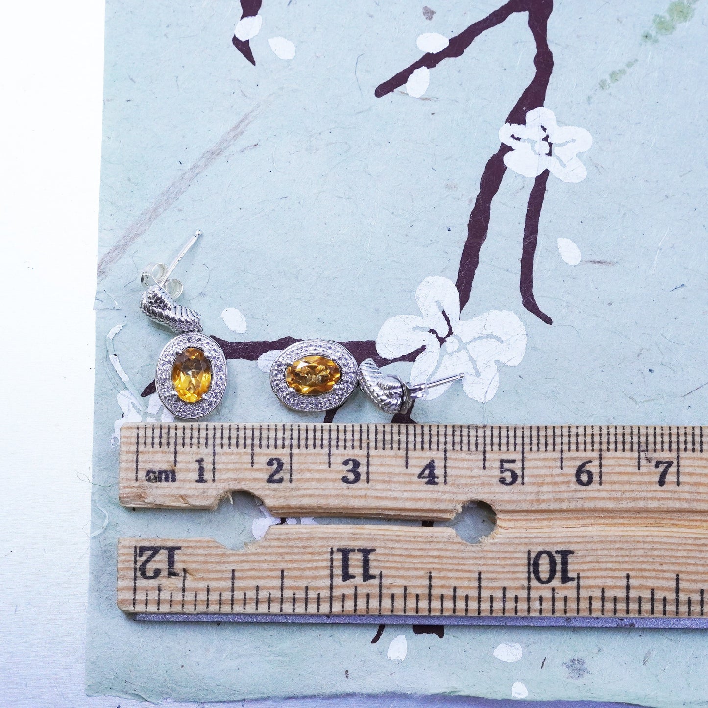 Vintage Sterling 925 silver handmade earrings with citrine and cz around