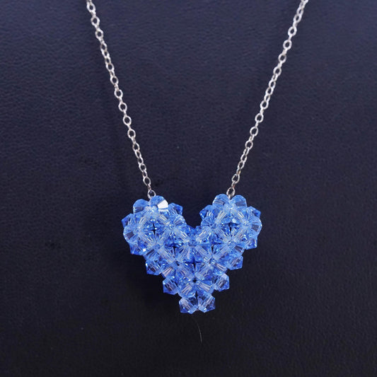 18+2" VTG Sterling silver necklace, 925 circle chain blue crystal heart pendant