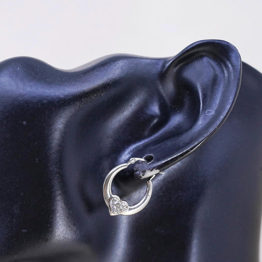 0.75”, Vintage sterling silver earrings, 925 heart huggie hoops with cz