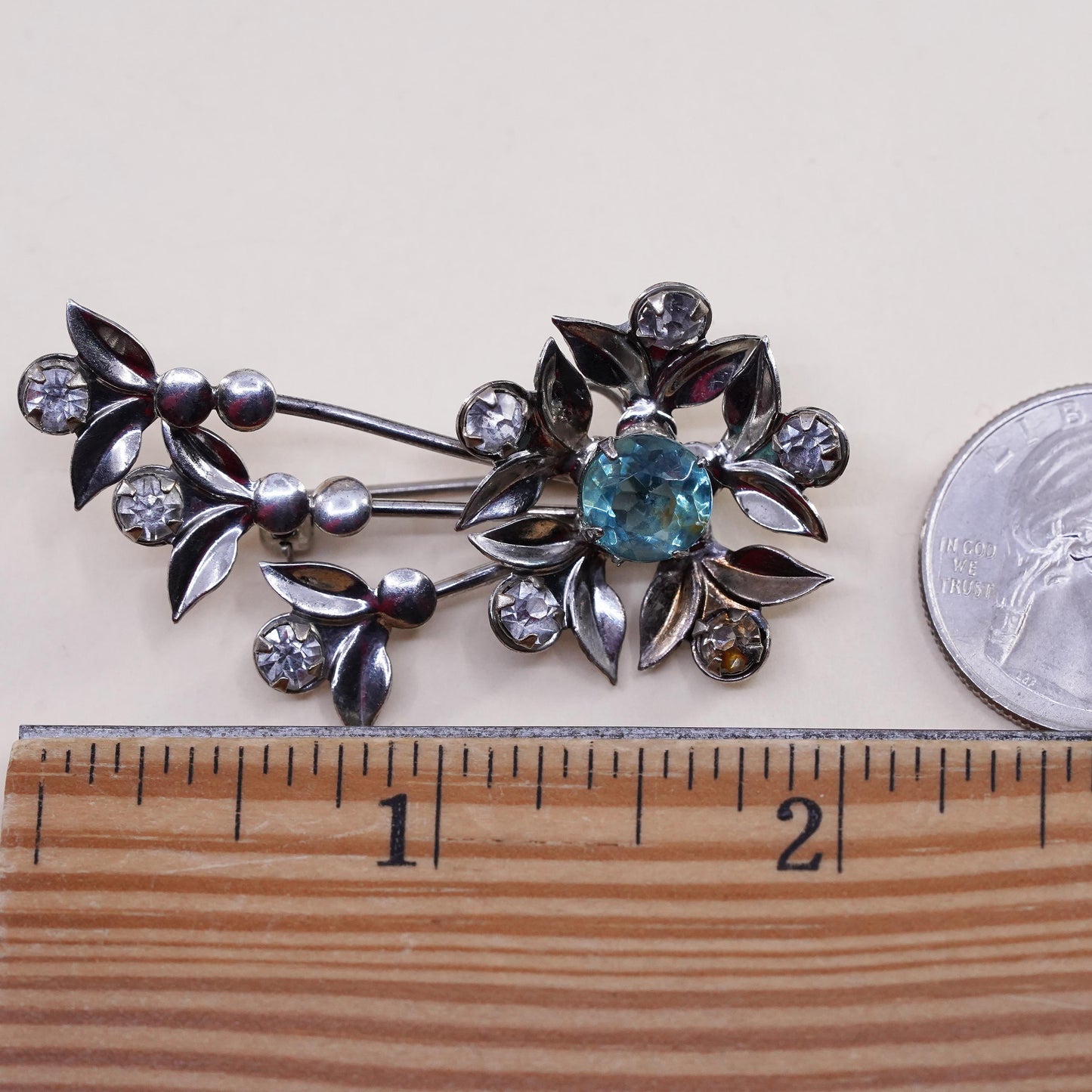 Vermeil gold plated sterling silver brooch, 925 flower blue rhinestone crystal