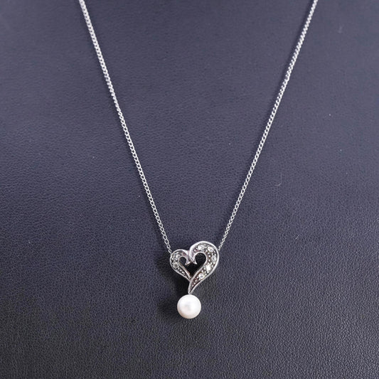 18", vintage Sterling silver necklace, 925 curb chain heart pearl cz pendant