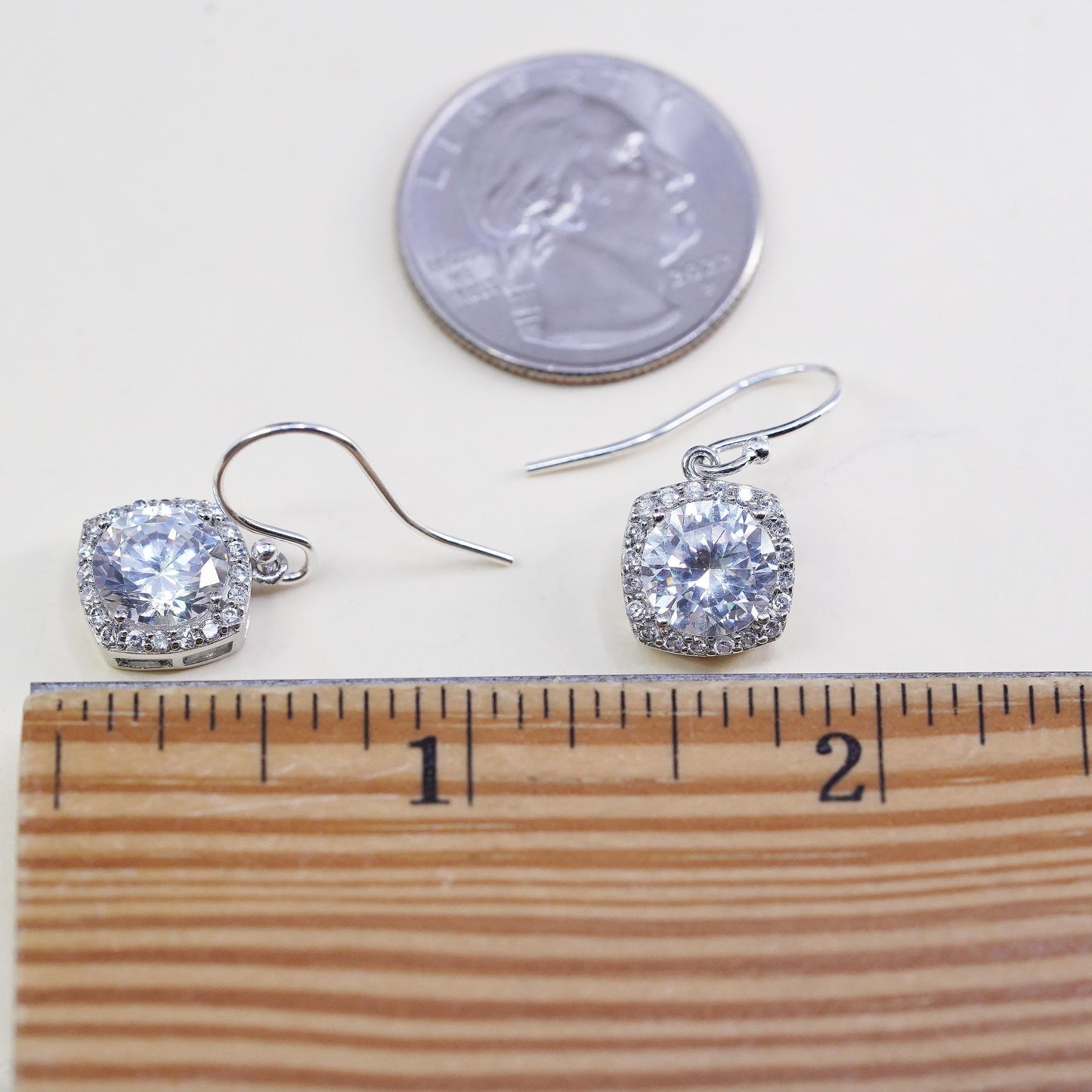 Vintage sterling silver handmade earrings, 925 silver square with cluster Cz