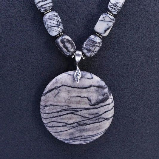 22” Vintage Sterling 925 Silver Picasso Jasper beads necklace round pendant