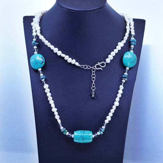 40+2”, vintage Sterling 925 silver handmade necklace with turquoise and pearl