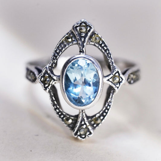 Size 8, Vintage sterling 925 silver handmade ring with topaz cluster marcasite