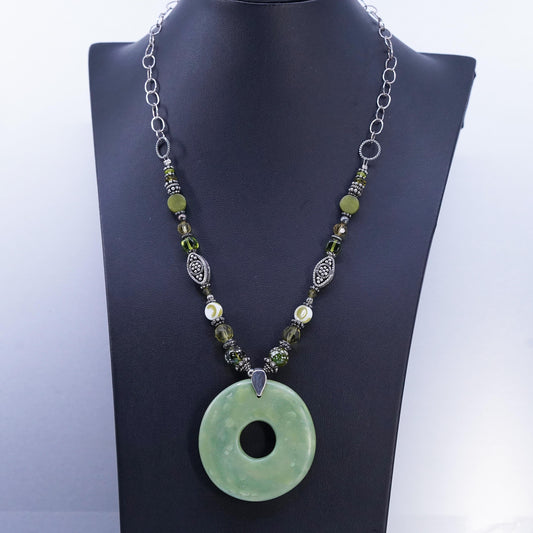 19" Sterling 925 silver flatten oval chain necklace jade looking rubber pendant