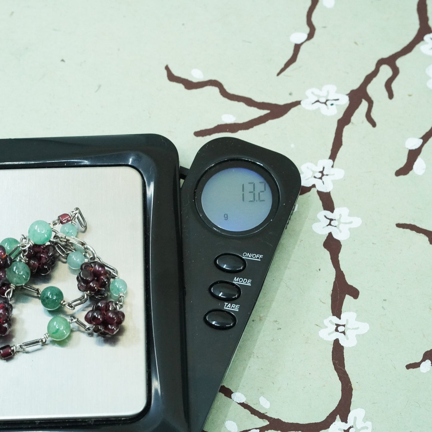 16”, vintage sterling 925 silver handmade necklace with jade garnet beads