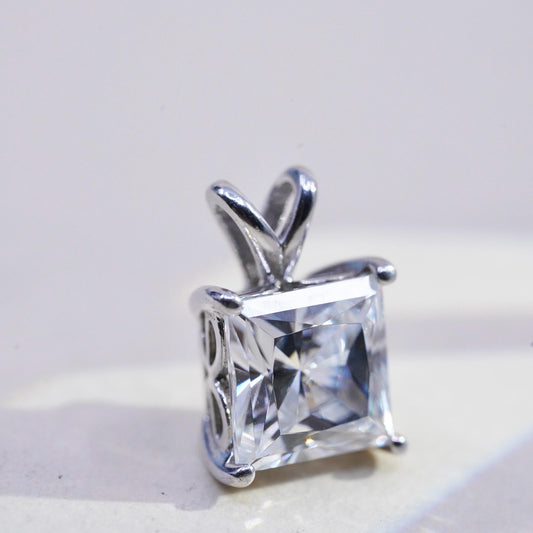 Vintage sterling silver square cz pendant, 925 charm