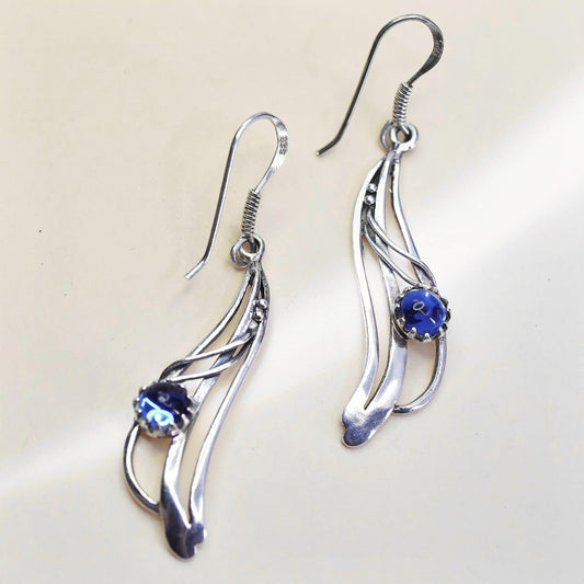 Vintage Sterling silver handmade earrings, 925 wavy drops with blue glass