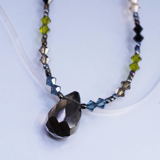 16”, Sterling 925 silver necklace crystal beads teardrop smoky quartz pendant