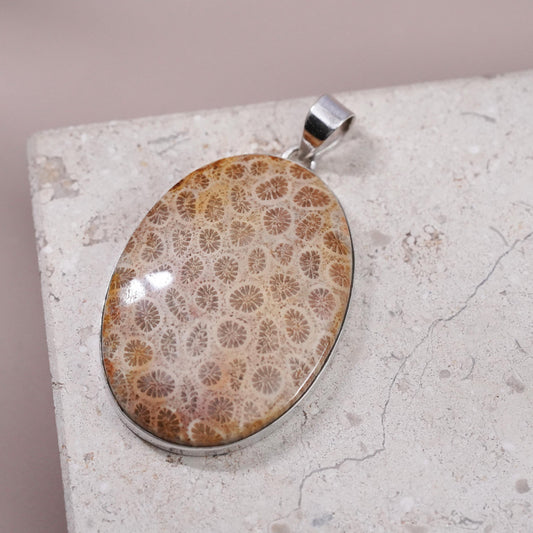 Vintage Sterling silver handmade pendant, 925 oval with Petoskey fossil coral