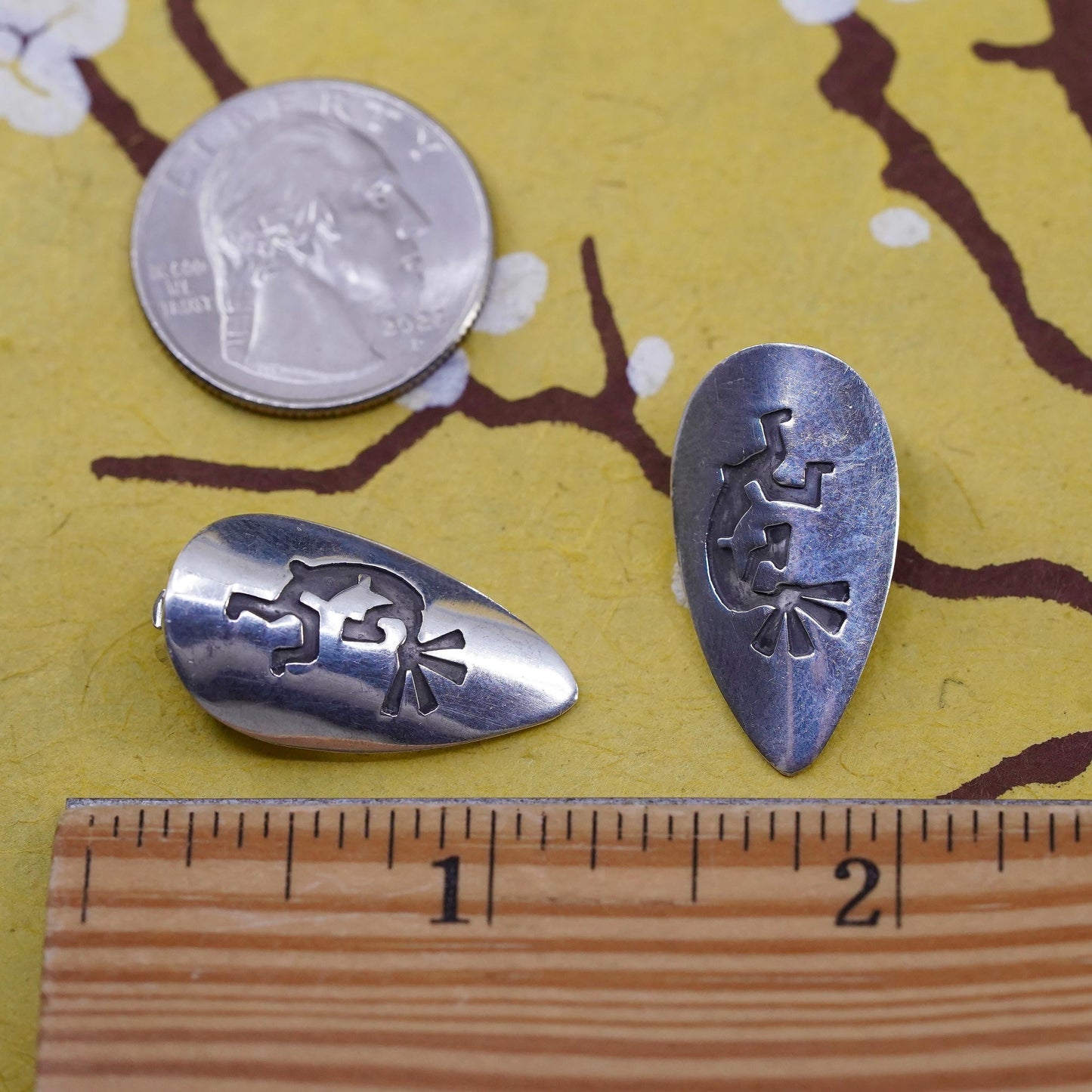 Native American Sterling 925 silver teardrop earrings, Kokopelli clip on