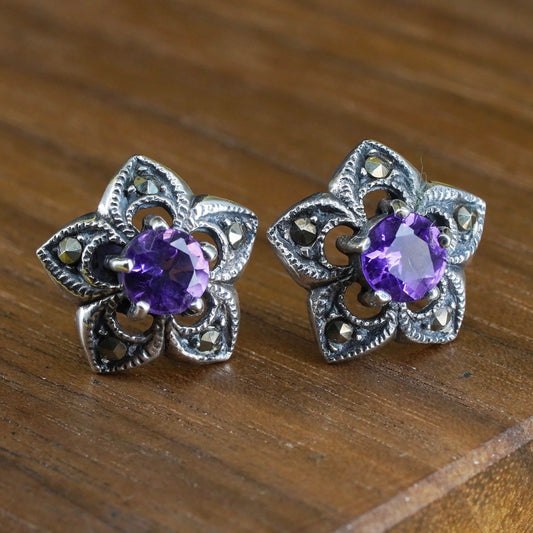 Vintage Sterling 925 silver flower studs, earrings with amethyst and marcasite