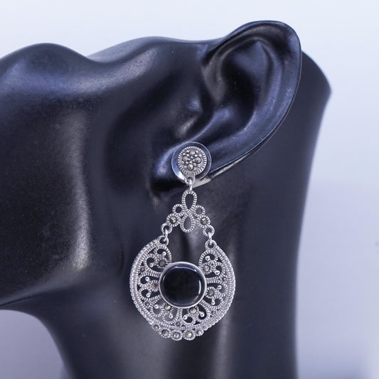 Vintage Sterling 925 silver handmade filigree earrings black onyx and marcasite