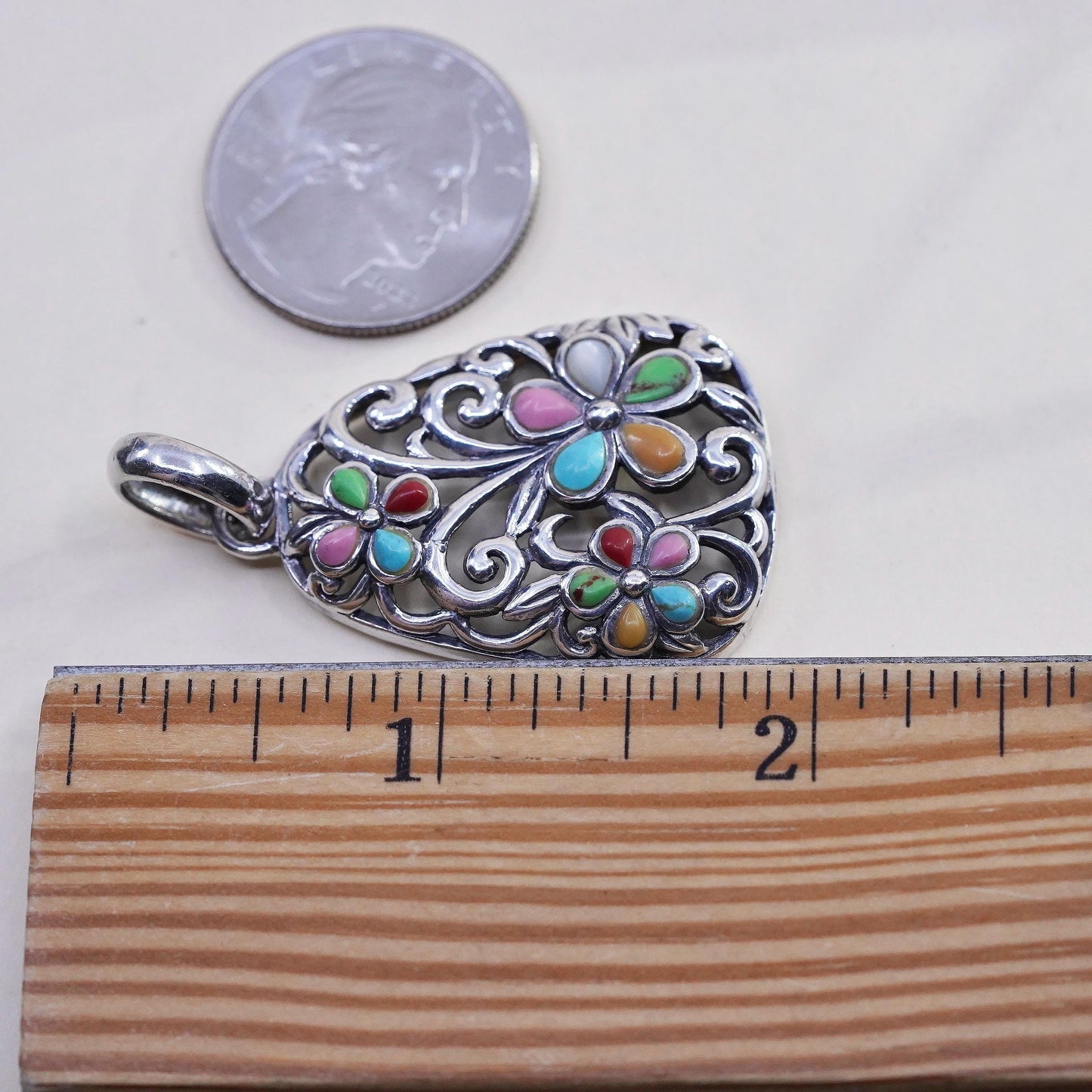 southwestern sterling silver 925 filigree flower pendant turquoise MOP