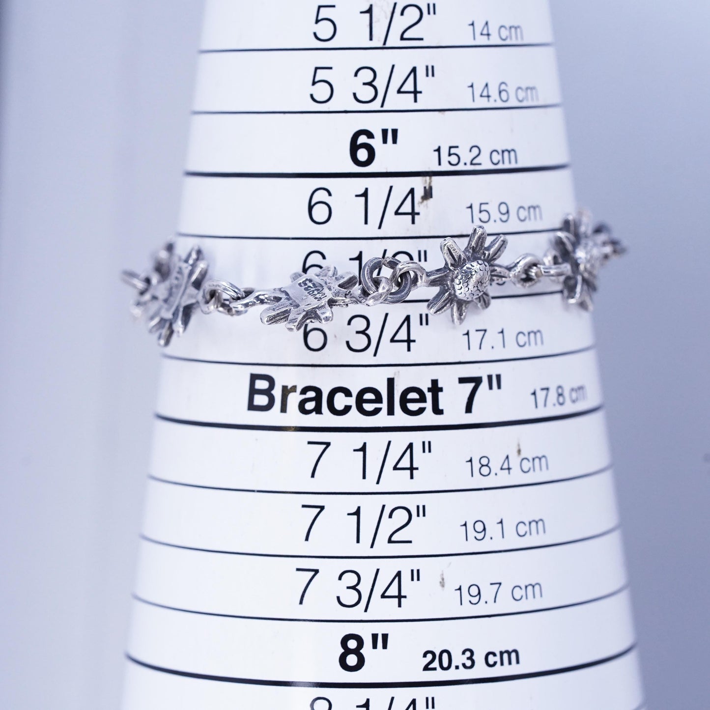 6.5", Vintage Mexican Sterling 925 silver handmade bracelet, sunflower chain