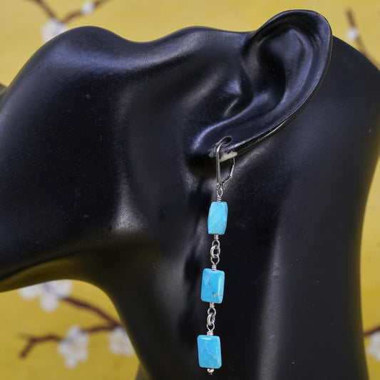 Vintage Sterling 925 silver handmade long earrings with turquoise beads