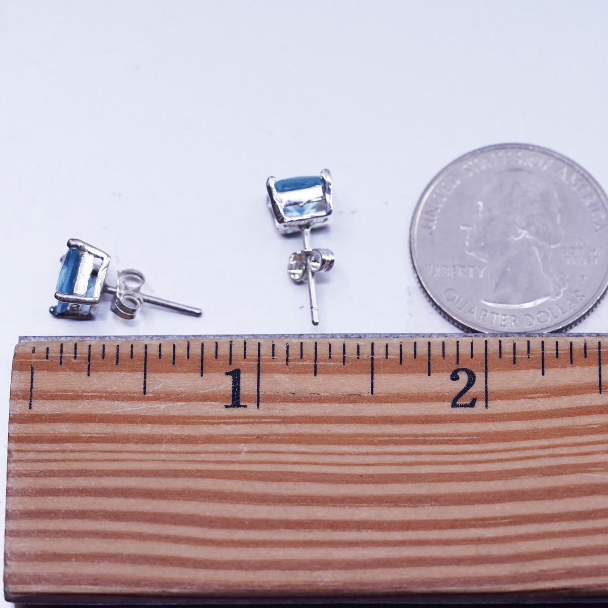 Vintage Sterling 925 silver earrings, square studs with 7mm topaz inlay