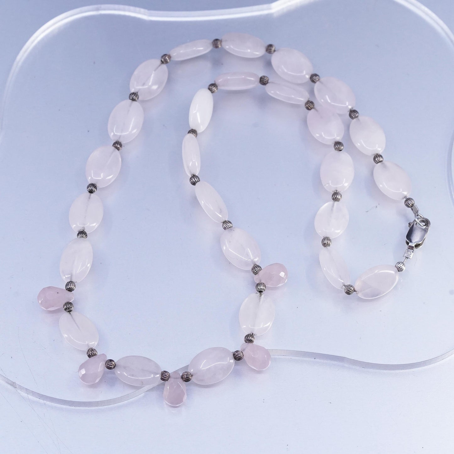 19", VTG Pink Quartz Beads necklace teardrop charms sterling 925 silver clasp