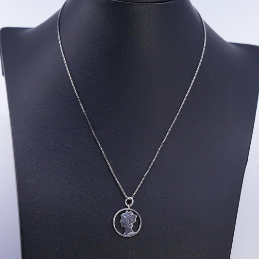 16", vintage Sterling 925 silver box chain necklace with coin queen pendant