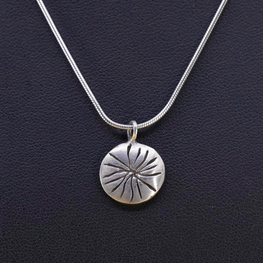 16”, vintage Sterling silver necklace, 925 snake chain sun circle tag pendant