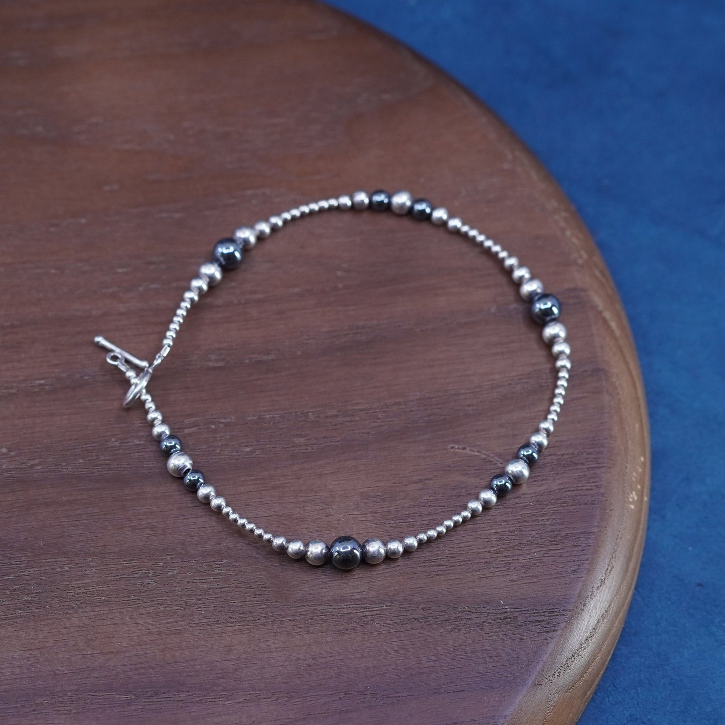 10”, vintage sterling silver handmade bracelet, 925 anklet bead chain hematite