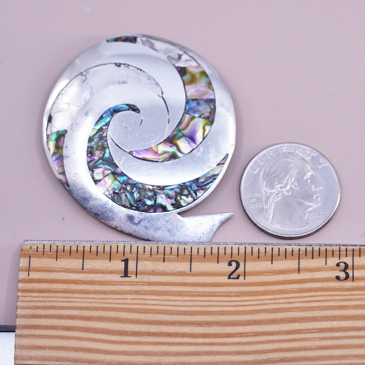 READ! Vintage Taxco Sterling silver handmade brooch, 925 sprial pendant abalone