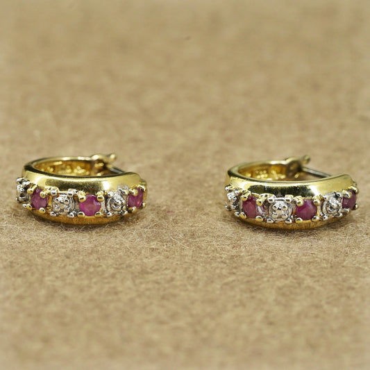 0.5”, vermeil gold over Sterling silver earrings, 925 huggie hoops ruby diamond