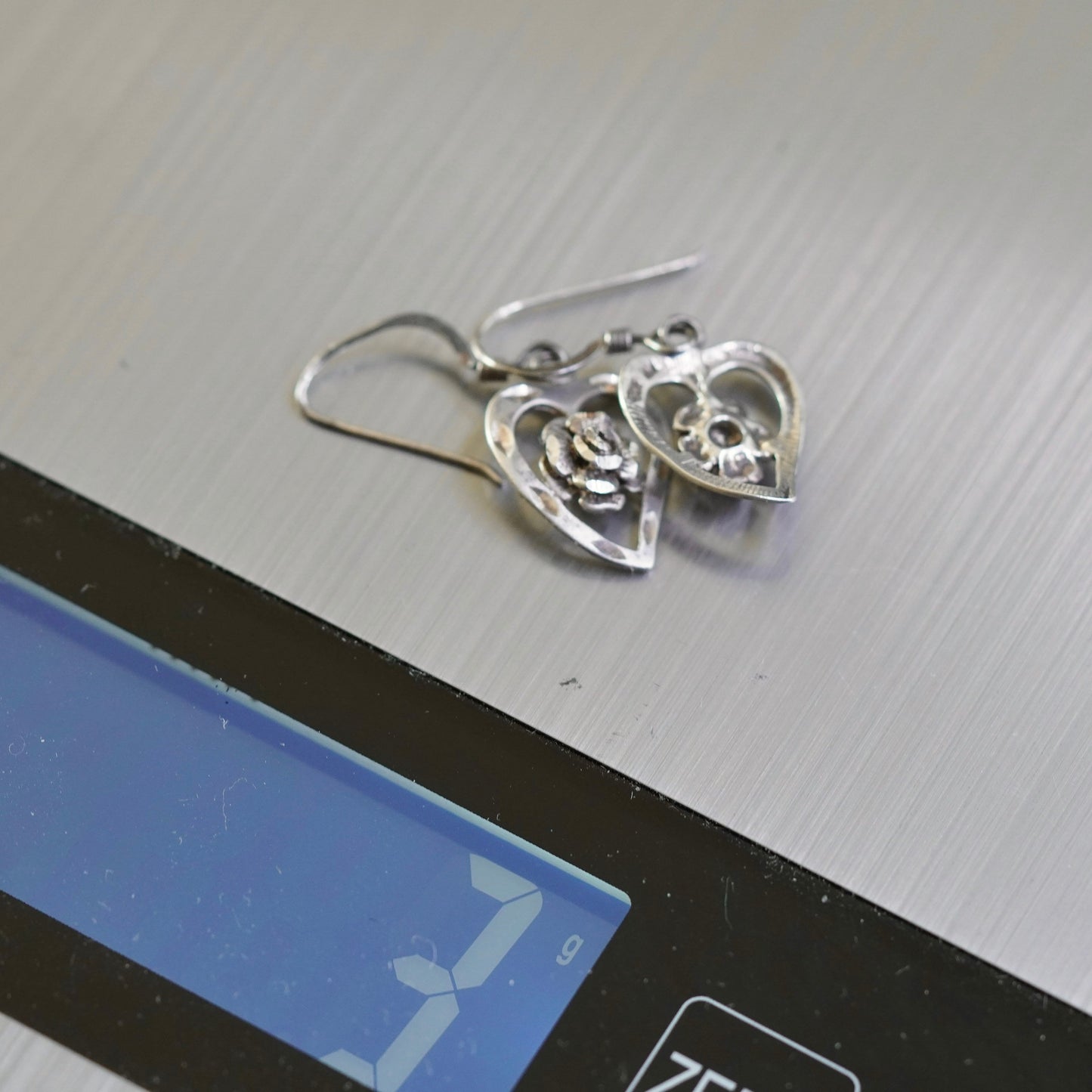 Vintage Sterling silver handmade earrings, 925 heart drops with rose flower