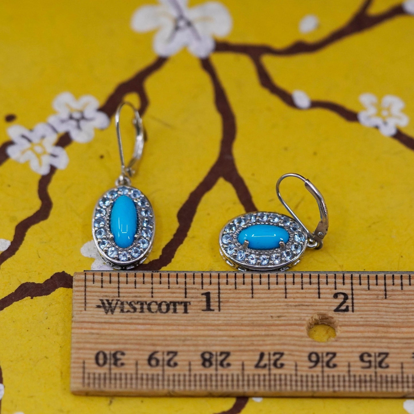 Vintage Sterling 925 silver handmade oval earrings with turquoise and blue cz