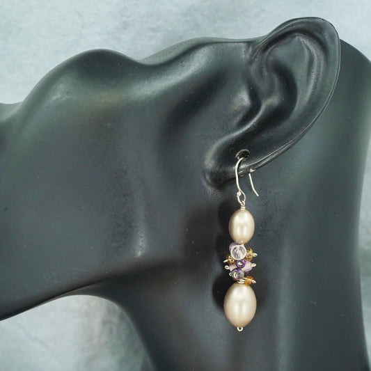 Vintage Sterling 925 silver handmade earrings with faux cluster golden pearl