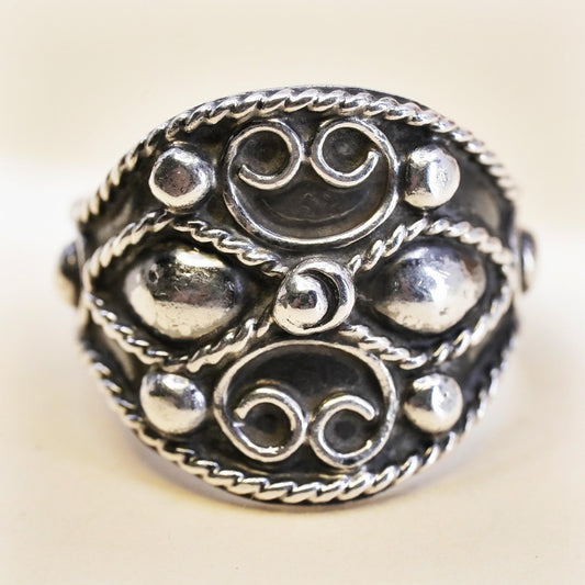 Size 8, Mexican Sterling Silver Balinese Ring, Ornate Swirl Oxidized Wide Band
