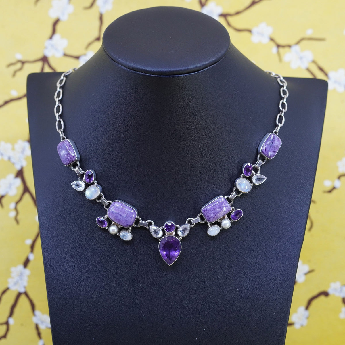 16+2”, sterling silver 925 handmade necklace charoite moonstone pearl pendant