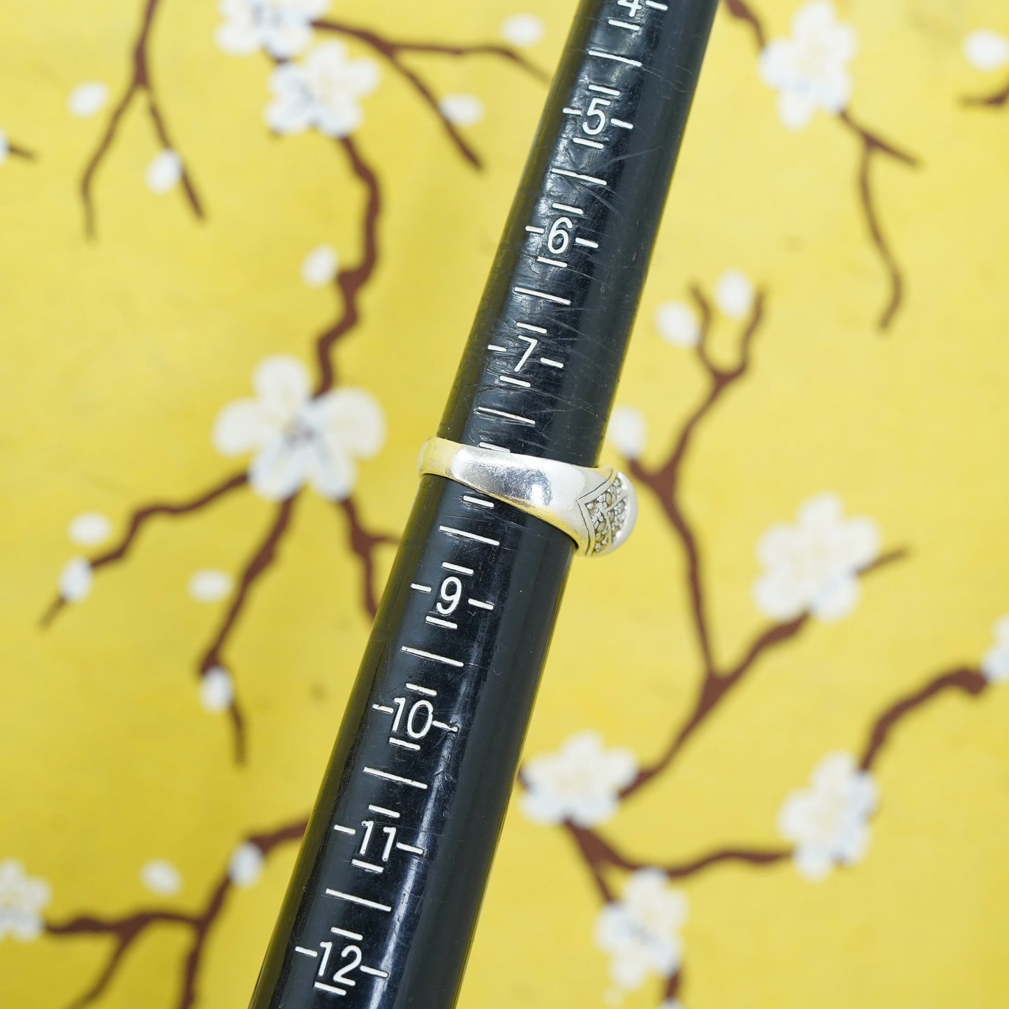 Size 8, Sterling 925 silver handmade statement ring with green onyx marcasite