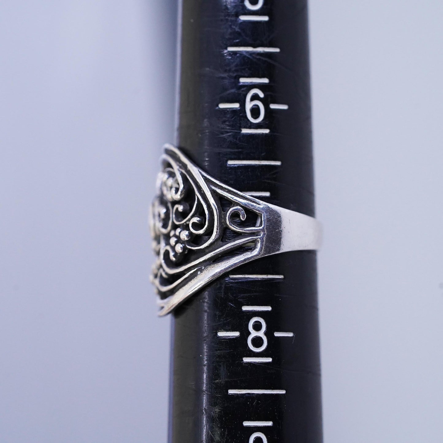Size 7, VTG sterling silver handmade ring, 925 whirl filigree band bird flower
