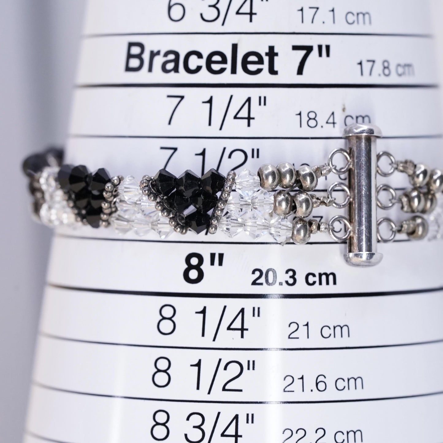 7.75", vintage Sterling silver bracelet, multi strands cluster crystal beads