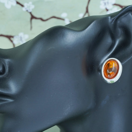 Vintage Sterling 925 silver handmade earrings with oval Amber studs