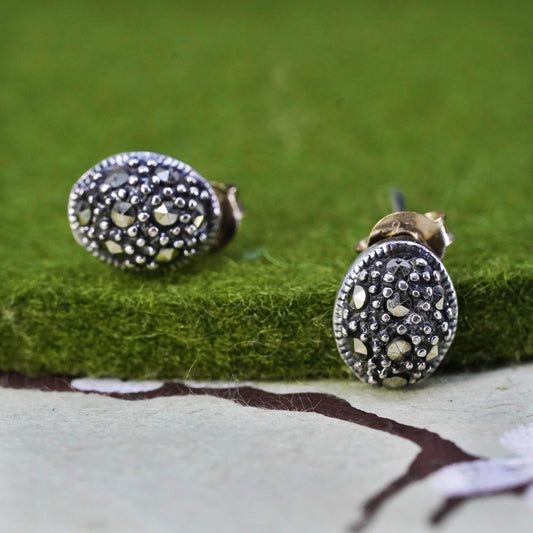 Vintage Sterling 925 silver handmade oval studs earrings with Marcasite