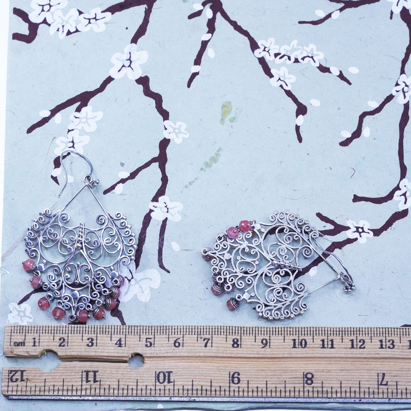 Sterling silver handmade huge earrings, 925 filigree swirly dangles rose quartz