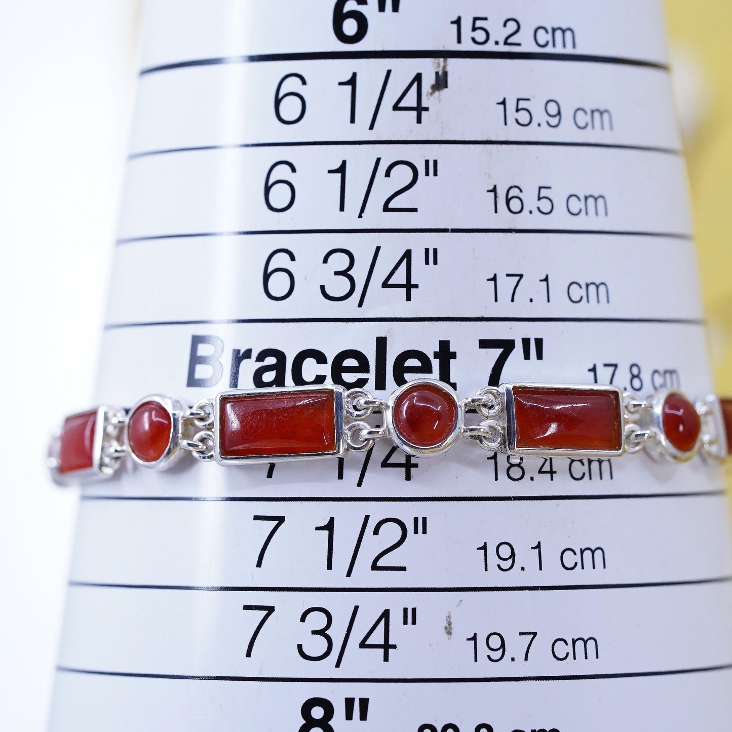 7.25”, Vintage HK sterling silver handmade bracelet, 925 tennis chain carnelian