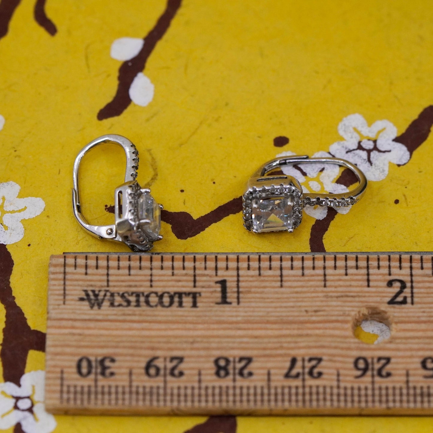 Vintage Sterling silver 925 handmade earrings with square cut CZ