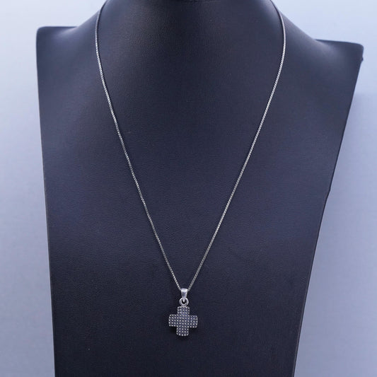 18”, Vintage Sterling silver necklace, box chain with 925 beaded cross pendant