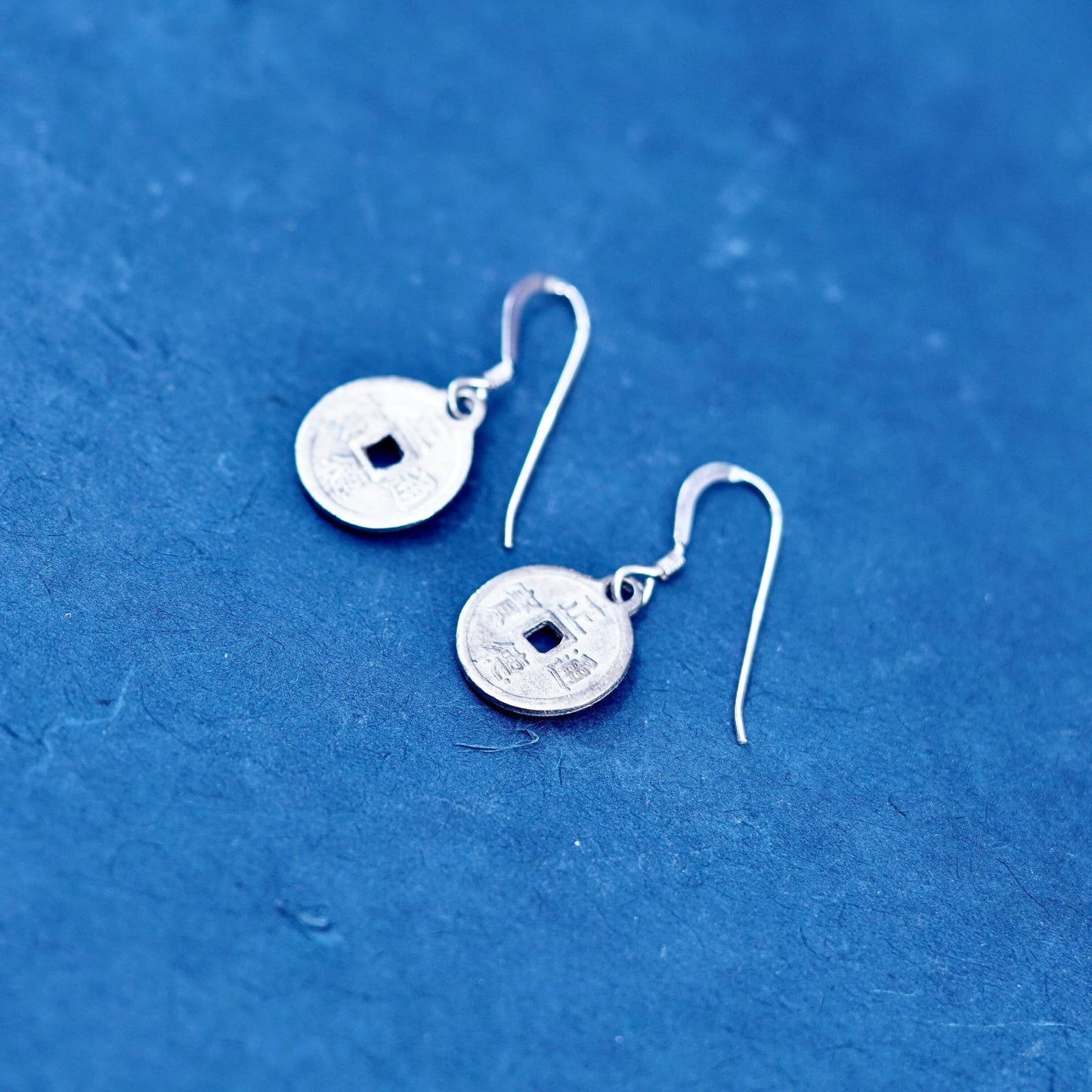 mexico Sterling Silver handmade Earrings. 925 ancient Chinese coin disc dangles