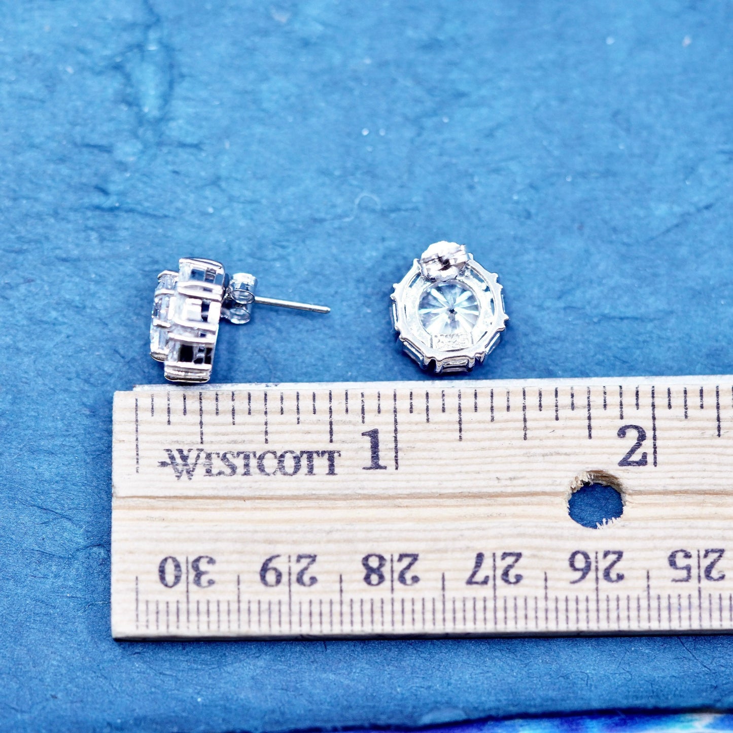Vintage sterling silver handmade earrings, 925 studs with CZ inlay