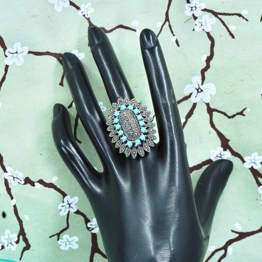 Size 7.5, Vintage sterling silver 925 statement ring with turquoise marcasite