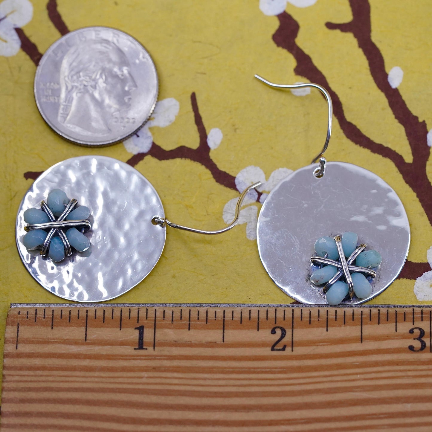 Vintage southwestern Sterling 925 silver hammered disc earrings larimar flower